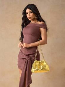 SHEIN SXY 女士、女式单肩包、流浪包、编织压花 PU、金色、时尚、优雅、简约、个性化、多功能、经典、适合通勤、办公室、约会、日常、购物、下午茶 - 金色 - 查看 7
