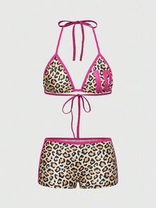 ROMWE J-Fashion Y2K Leopard Print, Numeric Pattern Wireless Lace-Up Women's Lingerie Set - Multicolor - View 1