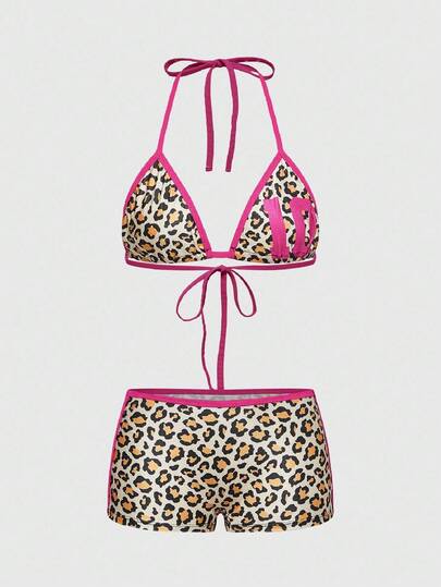 ROMWE J-Fashion Y2K Leopard Print, Numeric Pattern Wireless Lace-Up Women's Lingerie Set