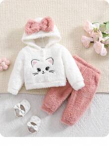 SHEIN 新生女婴可爱毛茸茸卡通印花连帽上衣和松紧腰裤两件套，秋冬 - 彩色 - 查看 2