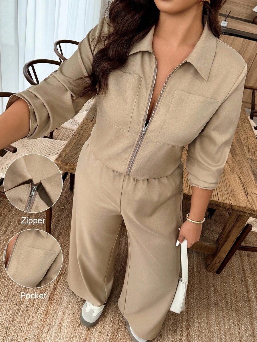 Weeklong Plus Size Solid Color Long Sleeve Top And Pants 2 Pieces Set