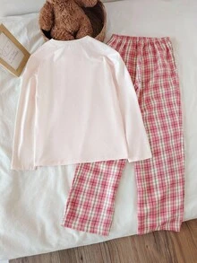 2pcs Girls' Casual Heart Pattern Plaid Print Long Sleeve Top And Pants Loungewear Set Girls Pajama Set Cute Pjs Set Girls Lounge Set Plaid Pajama Set Girls Pajamas Fall Winter - Multicolor - View 2