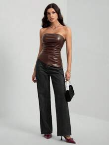 SHEIN Tall Women's Fashionable Pleated Fitted PU Leather Tube Top, Summer,Brown Top - Brown - View 6