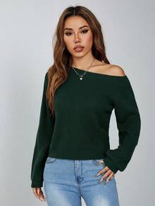 SHEIN PETITE 别致的橄榄绿色罗纹针织露肩长袖套头衫女士常规毛衣绿色毛衣深绿色上衣露肩长袖绿色长袖上衣露肩毛衣女士秋冬装 - 橄欖綠 - 查看 4