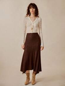 Florisole Women's Elastic Waist Asymmetric Hem Elegant Skirt - Brown - View 3