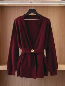 Regalyn Cárdigan de punto con cuello en V cruzado y cintura ceñida en color borgoña de estilo vintage para mujer de talla grande