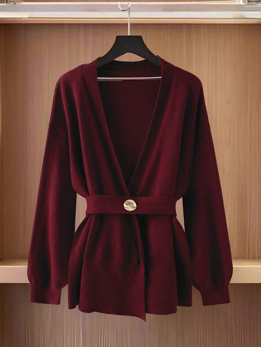 Regalyn Cárdigan de punto con cuello en V cruzado y cintura ceñida en color borgoña de estilo vintage para mujer de talla grande