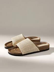 Solecia 女士时尚黑色平底凉鞋，夏季沙滩度假休闲拖鞋 - 卡其色 - 查看 2