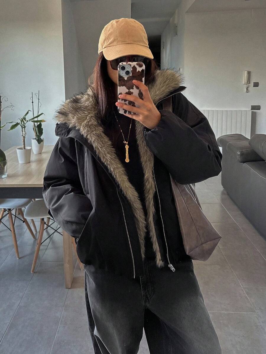 DAZY Women's Fur Collar Patchwork Padded Coat, Autumn/Winter Jacket Y2k - Black - View 1