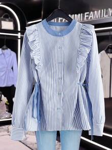 Franclia Fashionable And Versatile Blue And White Striped Colorblock Round Neck Open Cardigan Frill Ruffles Pleated Drawstring Waist Long Sleeve Open Cardigan ShirtAutumn, Winterautumn Fall Clothes For Women Winter Winter Clothes National Day New Year Going Out Tops For Women Graduation Elegant Fashionable Casual Commuting Business Office Daily Leisure All-Match Temperament Urban Teacher Professional Attire
