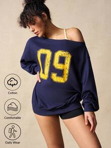 VARSIVA 女式露肩宽松长袖休闲百搭数字图案运动衫 - 藏蓝色 - 查看 2