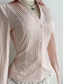 Elamini 1 Áo cánh nữ cổ chữ V xếp ly ôm vừa vặn, gợi cảm & đa năng, tay dài, mùa thu - Hồng - Xem 5