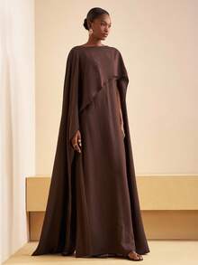 Zivah 2025 Autumn And Winter New Commuting Elegant Casual Vacation Brown Round Neck Sleeveless Long Dress + Asymmetrical Shawl Blouse Women Two Pieces Set, Travel, Commuting, Party, Vacation, Old Money Style, Shopping, Banquet, Elegant, Party, Date,Cozy Fall And Winter Clothes For Women