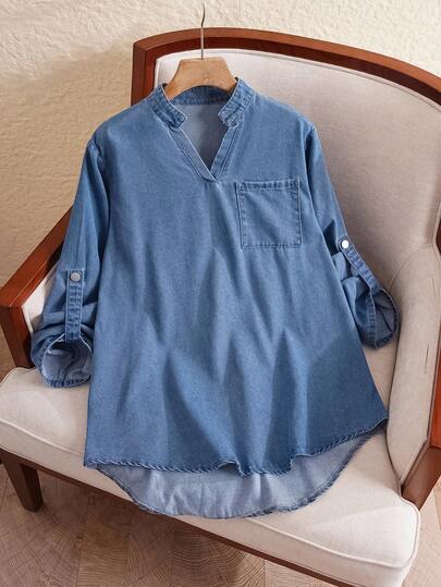 EMERY ROSE 女式纯色休闲长袖牛仔衬衫