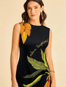 CAJUNI Women's Apricot Base Coconut Tree, Parrot And Tropical Fruit Print, Round Neck Sleeveless Fitted Ruched Print Summer Vacation Beach Mini Dress - Black - View 5