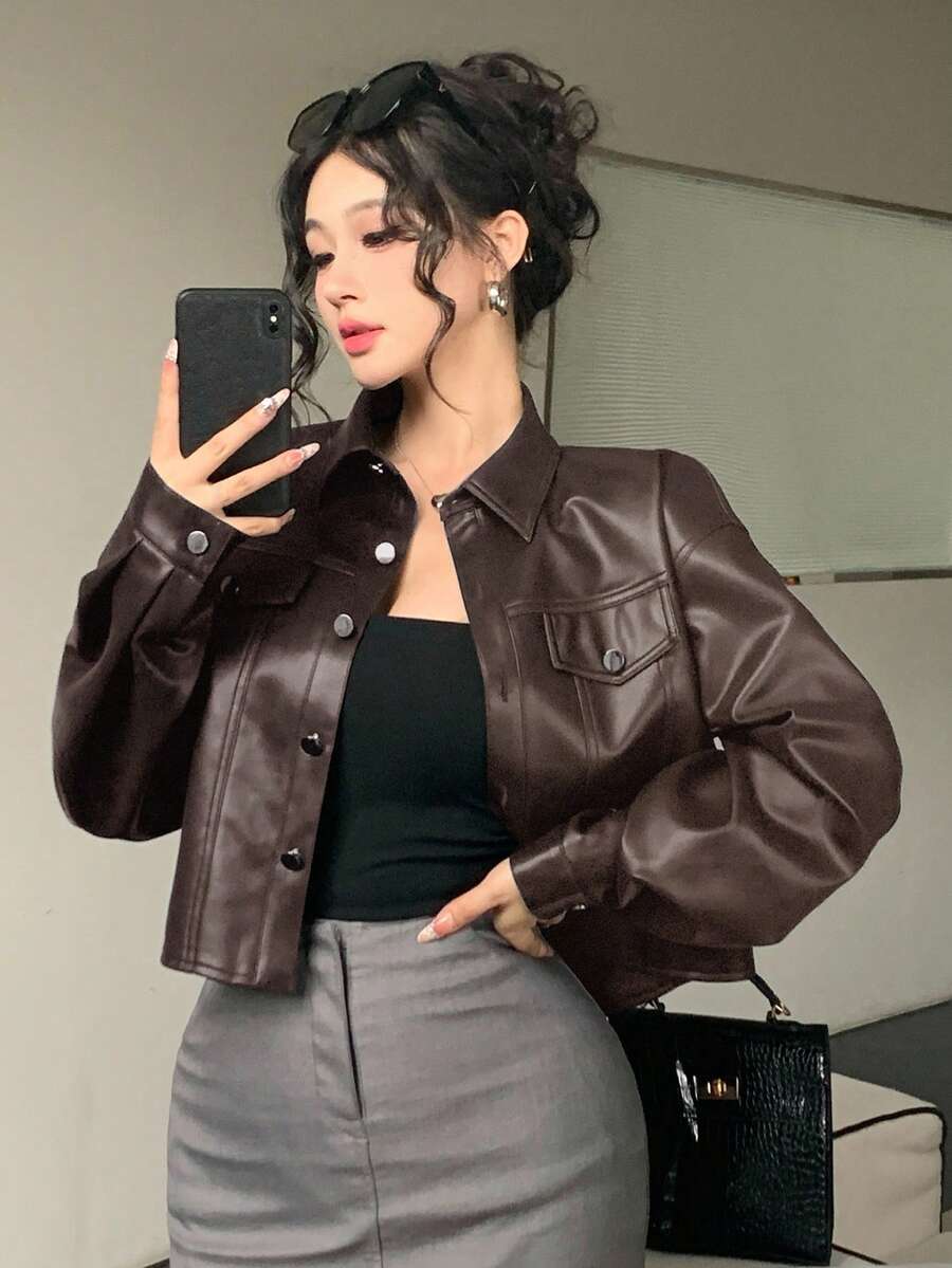 DAZY Women's Short Jacket With Large Pockets, Casual Business Office Wear, Long Sleeve PU Windbreaker, Autumn/Winter Y2k Leather Jacket - Brown - View 1