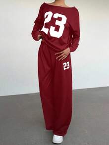 Aloruh Women's Casual 2 Pieces Set: Numeric Print Drop Shoulder Long Sleeve Sweatshirt And Pants, Autumn,Cozy Fall And Winter Clothes For Women - Burgundy - View 6