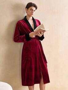 SHEIN Vintage British Style Comfortable Plush Robe, Shiny, Warm, Contrast Color, Elegant, Suitable For Lounging, Family Gathering, Open Front, Men, For Fall Winter, Christmas, Fluffy, Cozy - Red - View 4