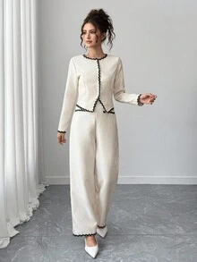 SHEIN Teen Girls Tweed Texture Contrast Color Ruffle Trim Pearl Button Decor Round Neck Top And Wide Leg Pants Set, Elegant French Style 2 Pieces Outfit Fall Winter - Apricot - View 5