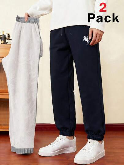 SHEIN Bộ 2 quần nỉ dệt kim rộng rãi in họa tiết thường ngày có dây rút eo cho trẻ em/bé trai, 2 màu