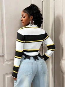 BamGleam Women's V-Neck Long Sleeve Blue & White Striped Distressed Fringe Pullover Sweater, Minimalist Sexy Street Style