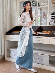 Rivivi 女式口袋开衩时尚性感牛仔长裙 - 藍色 - 查看 7