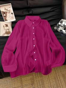 SHEIN Clasi 休闲白色透明衬衫，带蝴蝶结装饰 - 玫紅色 - 查看 2