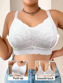 1pc Plus Size Women Lace Patchwork Wireless Bra - White - View 1