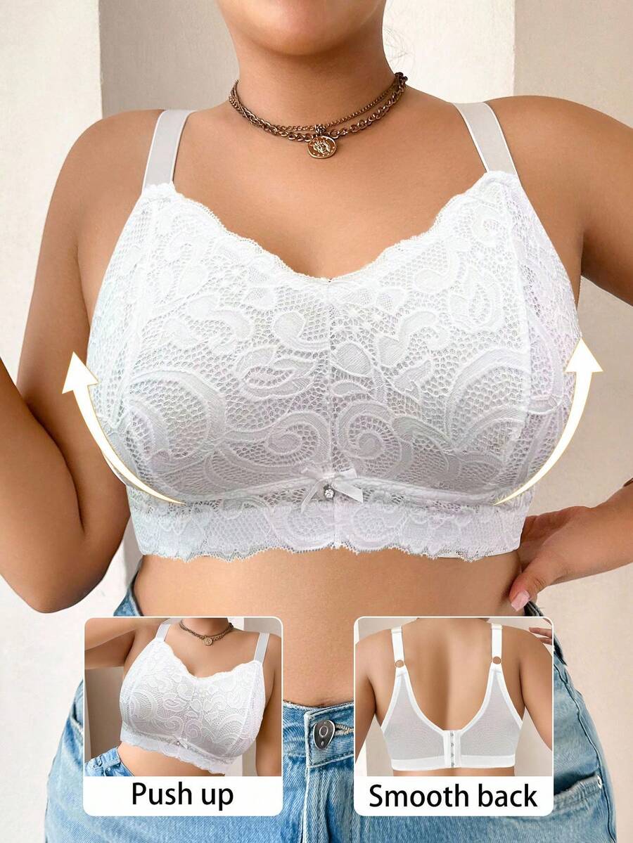 1pc Plus Size Women Lace Patchwork Wireless Bra - White - View 1