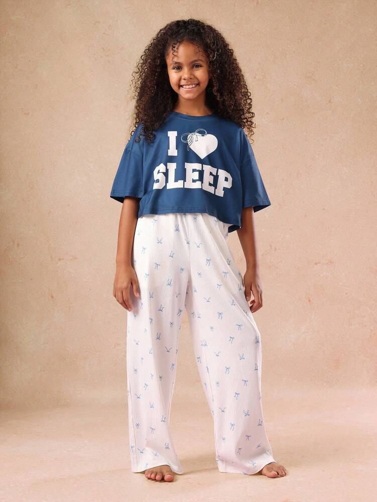 Navy Crop Top With I Love Sleep Text And Bow Print Pants