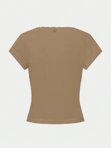 Zielony 甜美蕾丝边短袖 T 恤女士，全新夏季修身三扣装饰半袖上衣 - 卡其色 - 查看 8