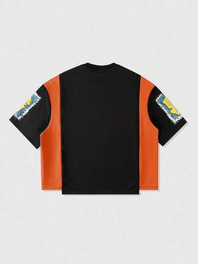 Street Life Men's Preppy Patchwork Print T-Shirt, Loose Cropped Streetwear Retro Style