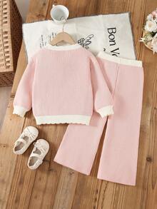 مجموعة من قطعتين للفتيات الصغيرات، كنزة صوفية محبوكة بأكمام طويلة وياقة طاقم بلون واحد + بنطلون محبوك واسع الساق، طقم أنيق وعصري للاستخدام اليومي مناسب للخريف/الشتاء