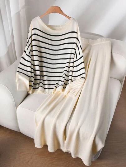 SHEIN Frenchy Plus Size Solid Color Crew Neck Long Sleeve Sweater And Pants Casual Outfits,Fall Sweaters/Winter