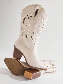 Solezae Ladies Chunky Heel Cut Out Western Boots - Beige - View 5