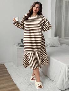 Dazy Plus Plus Size Women Striped Loose Straight Patchwork Ruffle Hem Nightgown, Cozy Outfit, Fall & Winter, Moo Moo Night Dress - Brown - View 5
