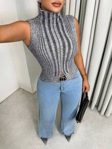 Sirith Women's Sleeveless Turtleneck Sweater Vest With Slit Hem, Gray Melange, Fitted, Sexy, Casual, Street Style, Slim, Ribbed Knit Top - Grey - View 3