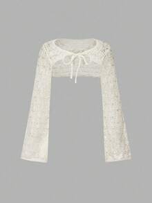 SHEIN MOD 2 件女式镂空针织短款开衫，黑白，海滩，新年 - 黑與白 - 查看 8