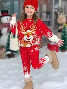 SHEIN Conjunto de 2 peças de moletom e leggings para meninas, casual, de natal, fofo, desenho animado, rena, floco de neve, vermelho, festivo, gola redonda, manga comprida, roupa adequada para outono/inverno - Multicolorido - Ver 6