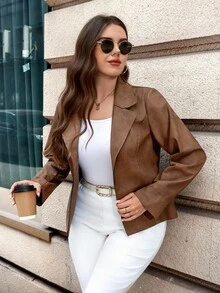 SHEIN Clasi 大码复古通勤收腰夹克棕色西装外套女式棕色夹克女式咖啡棕色上衣女式皮衣棕色两件套女式办公服、女式秋季服装、女式优雅服装2025秋冬新品万圣节圣诞节老钱风格复古女式保暖舒适弹力夹克女式休闲西装外套女式短款西装外套女式秋冬女式秋季服装女式万圣节服装圣诞节女式新年感恩节女式服装 - 咖啡棕 - 查看 9