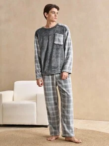 SHEIN 2pcs Men's Vintage Coin Printed Plaid Fluffy Loungewear Set,Autumn Home Clothes,White 2016 Aesthetic,Cozy Casual Fabric For Indoors Outdoors,Winter - Grey - View 3
