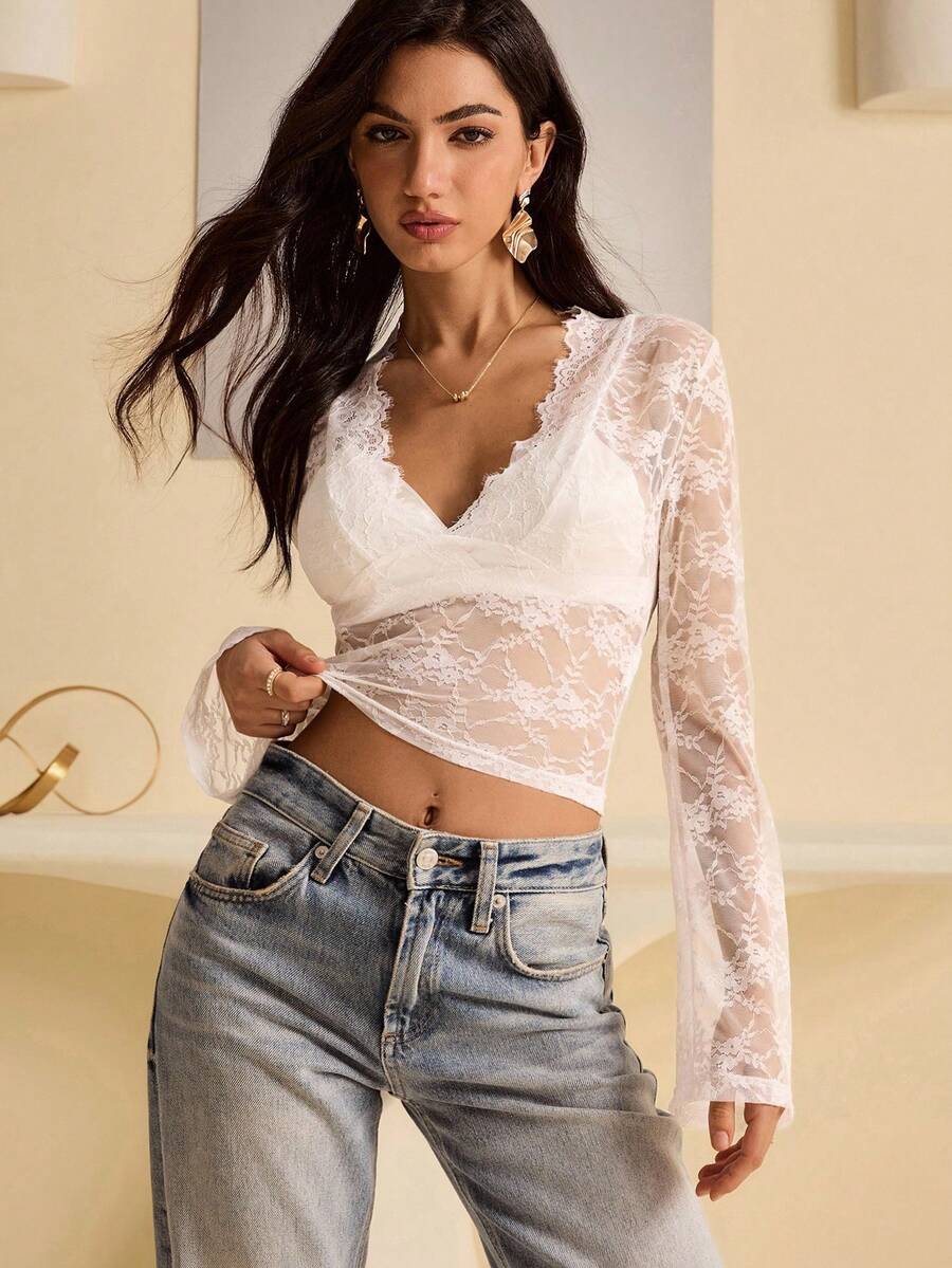 Bluhae Women's Lace Sheer Bell Sleeve V-Neck Blouse, Autumn - White - View 1