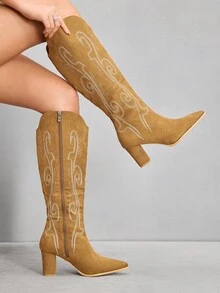 CUCCOO SZL Women's Pointed Toe Chunky Heel Suede Western Boots With Fringe, Slim Fit Tall Boots - Camel - View 5