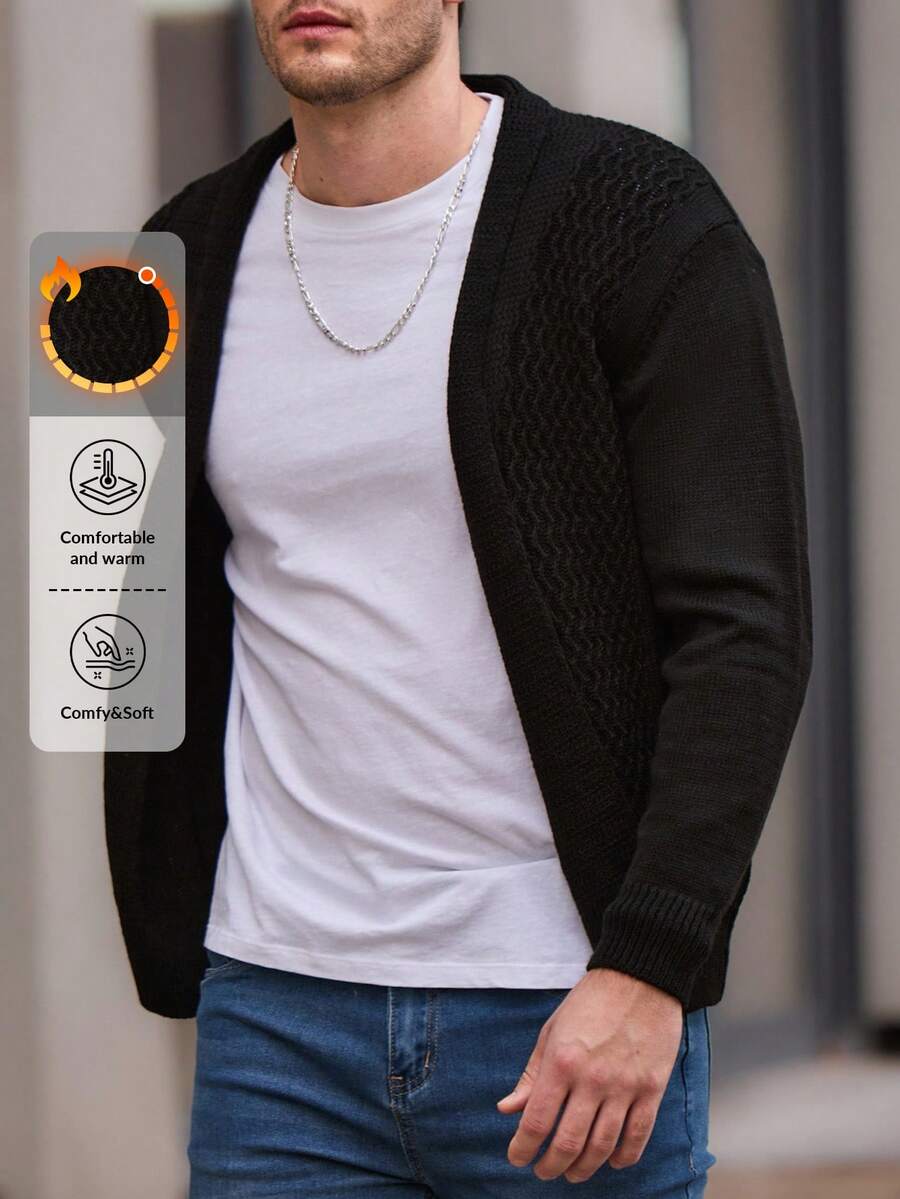 SHEIN Cottnline Men Classic Business Style Turn-Down Collar Sweater Black Cardigan - Black - View 1