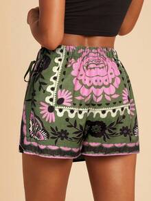 Travachic Quần short đi biển phong cách Bohemian thoải mái, thắt eo và viền bèo nhún dành cho nữ, thích hợp cho mùa thu, tiệc Giáng sinh, năm mới, lễ tốt nghiệp trang trọng, dạ hội sang trọng, dạo phố, đi chơi. - màu xanh lá - Xem 2