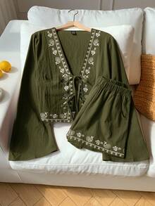 Comfortcana 女式波西米亚腰果印花前领带衬衫和短裤套装 - 軍綠色 - 查看 3