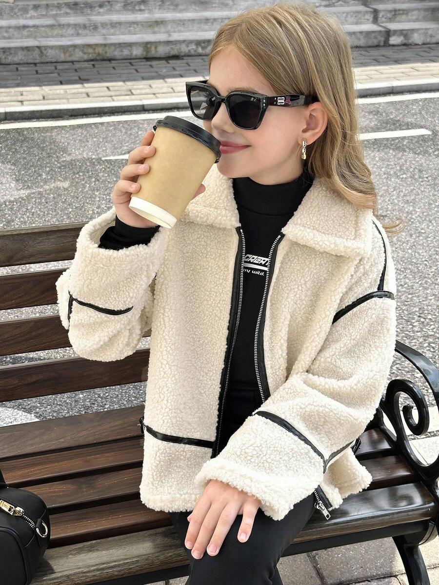 SHEIN Tween Girl White Winter Casual Lamb Wool Jacket,Oversized Faux Fur Collar Contrast Trim Zipper Pockets Loose Drop Shoulder Autumn Coat Outgoing Outing - Beige - View 1