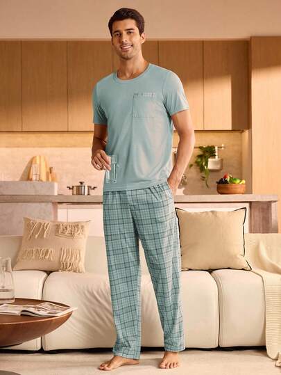 Manfinity Underwear&Sleepwear Basics Herrpyjamaset med rund halsringning, kortärmad topp och rutiga byxor