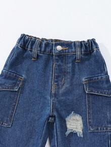 SHEIN 年轻女孩 Y2K 酷炫休闲破洞多口袋松紧腰 3D 口袋水洗蓝色牛仔裤