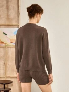 Chiquease 2pcs Women Solid Color Crew Neck Loose Pullover Sweater Set With Leggings/Shorts, Autumn/Winter - Brown - View 2